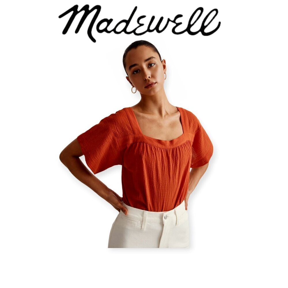 Madewell Square Neck Top Medium Cotton Blend Windowpane Short Sleeve Spring